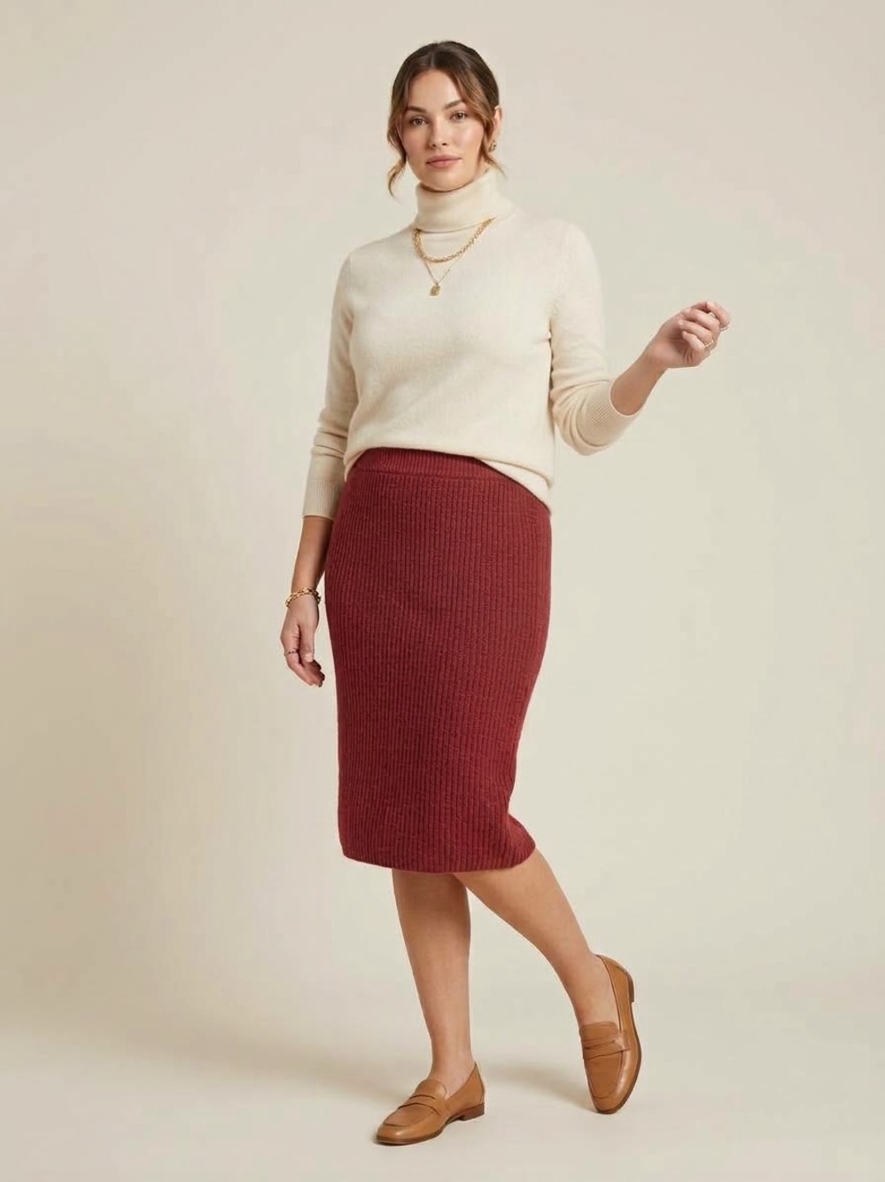 Ribbed Knit Sweater Midi Skirt Burgundy Red Slit Hem Size Large Stretch Fall